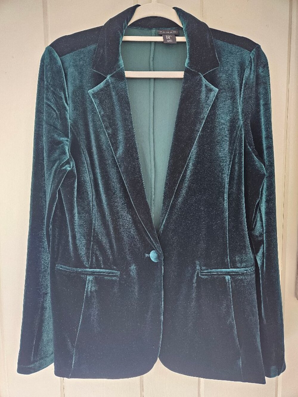 Tahari Emerald Green Velvet Single Button Blazer Jacket XL Stretch Holiday